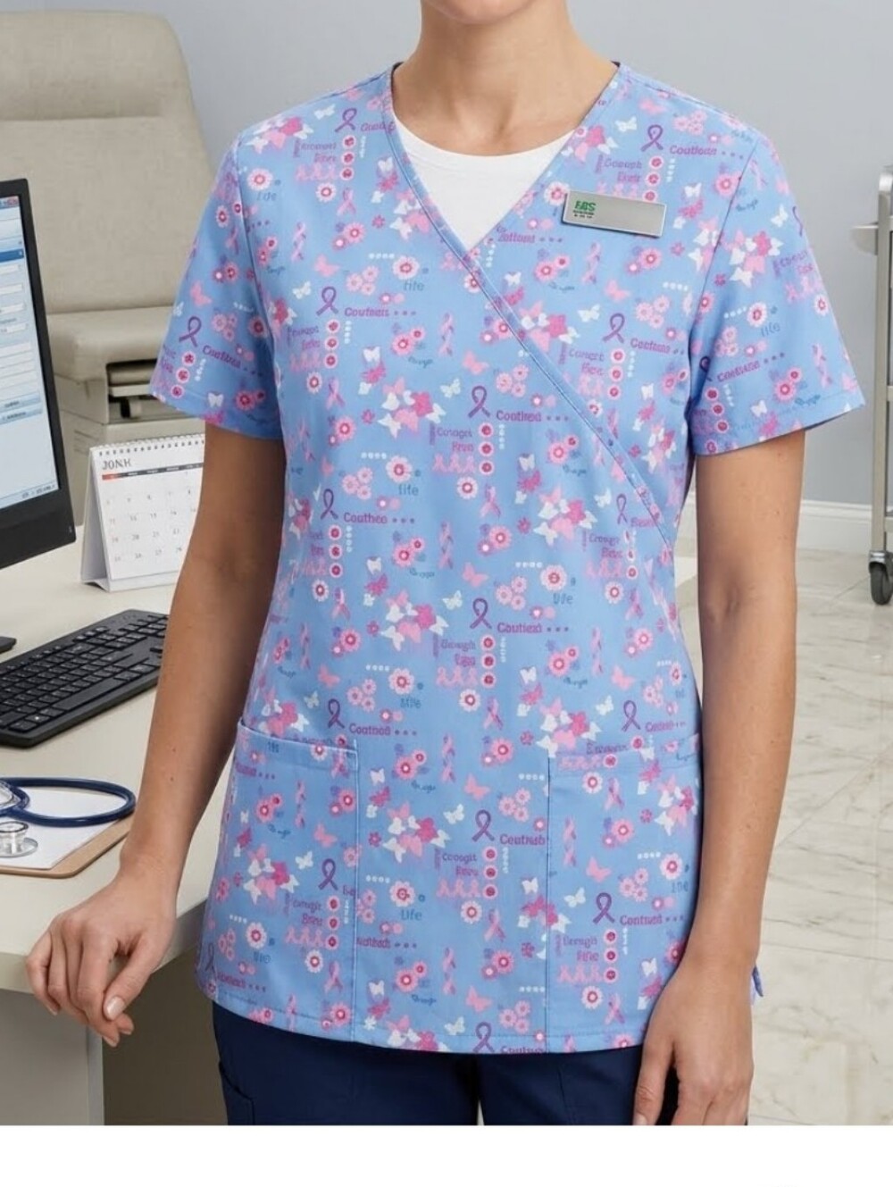 Breast CA Graphic Scrub Top 2 Pockets